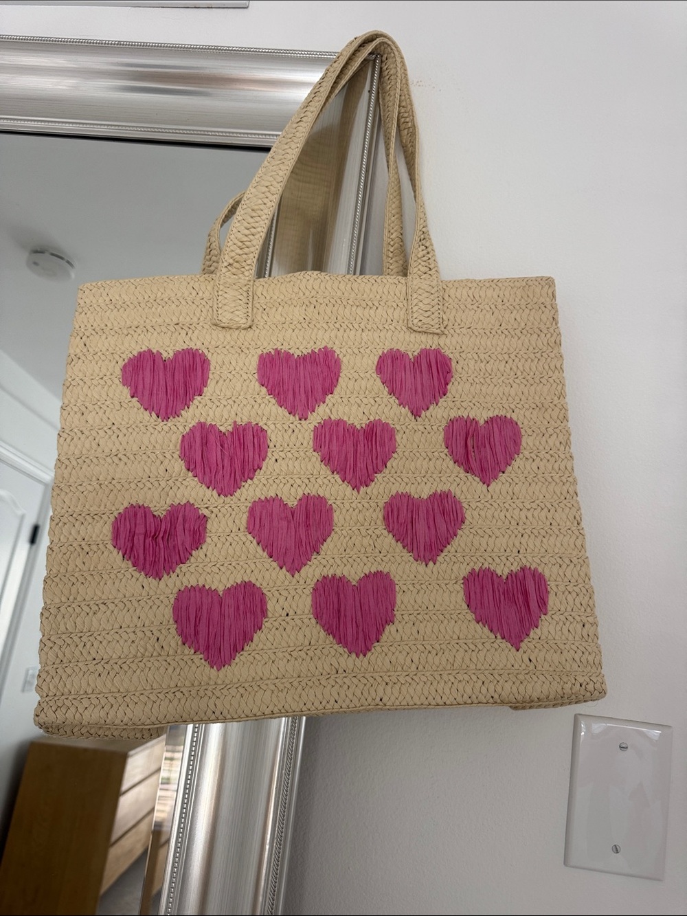 Nordstrom Straw Tote with Pink Heart Motif